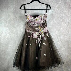 Tony Bowls Dress 4 Brown Floral Embellished Prom‎ Formal Cocktail Party Y2K 90s